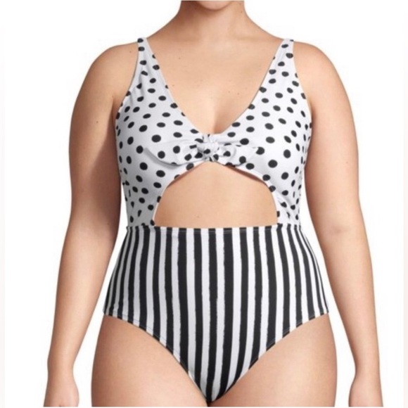 Pin-Up Polka Dot Striped Tie Front Keyhole Cheeky 1-Pc Swimsuit L White Black - Picture 2 of 15